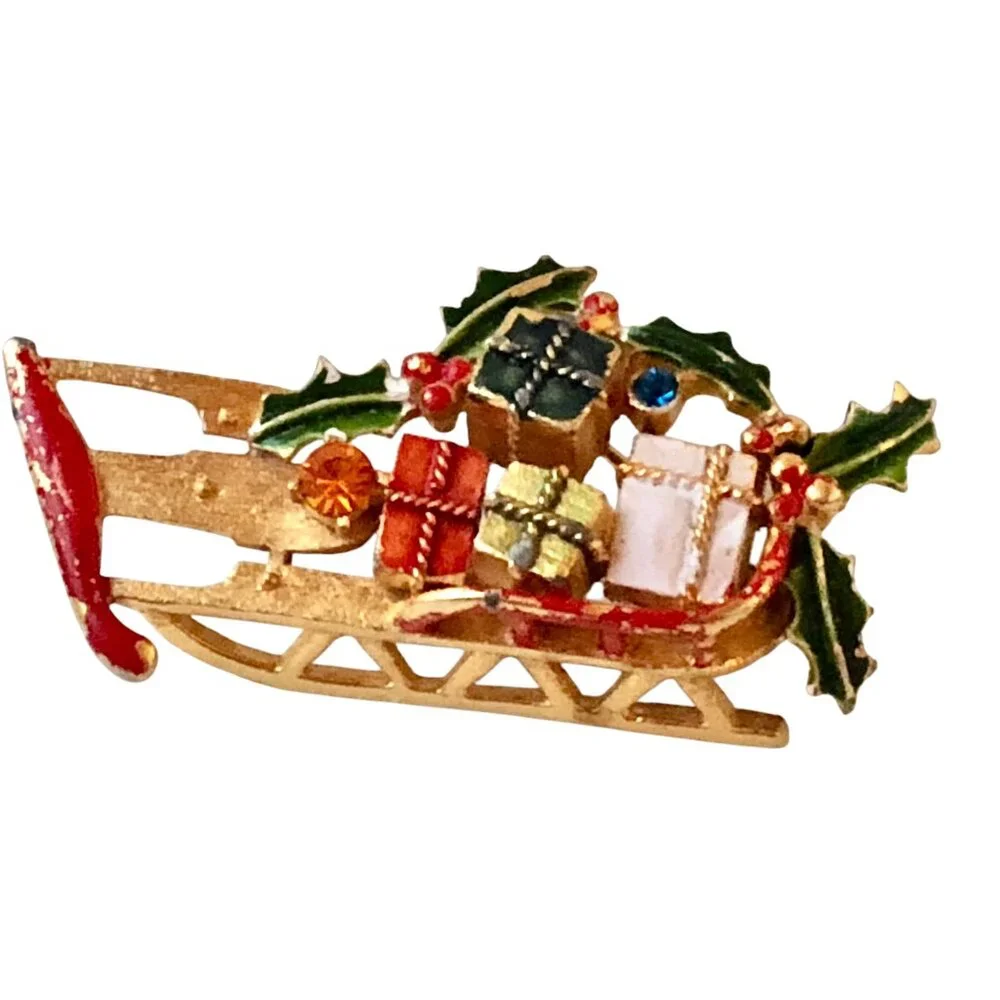 Weiss Christmas Sled Brooch Pin Rhinestones Enamel Gifts GoldTone Vintage Signed